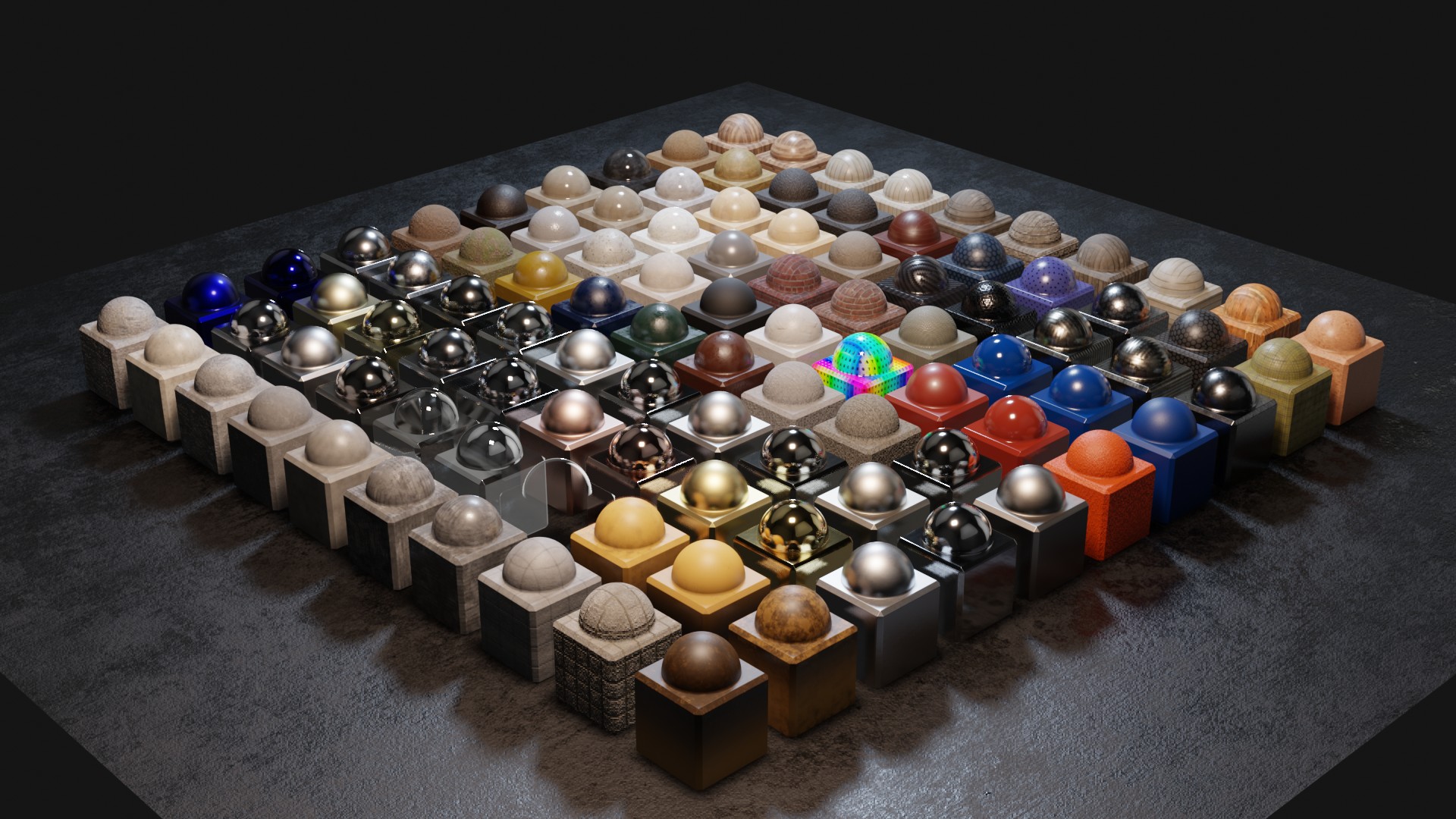 The bundled material library — over 220 curated photoreal materials shown on preview spheres