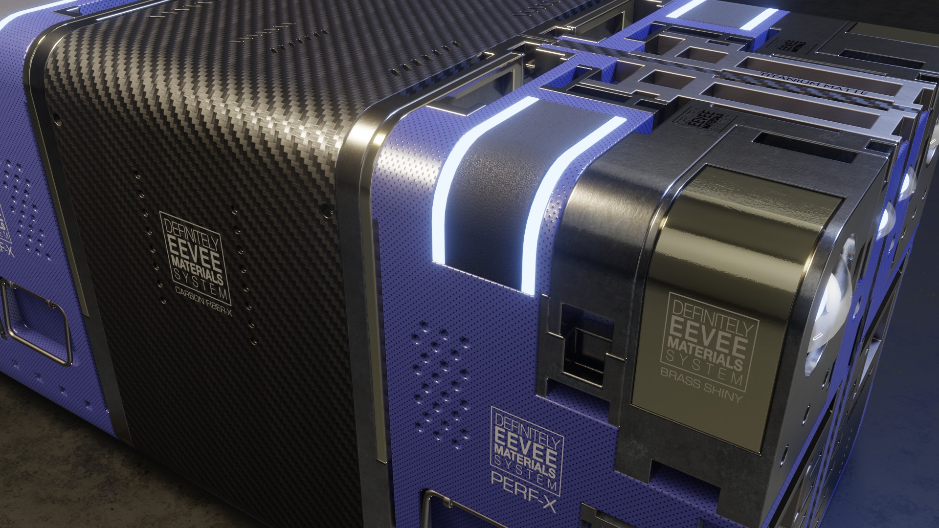 Close-up of hard-surface panels showing named finishes — Carbon Fiber, Brass, Titanium and more