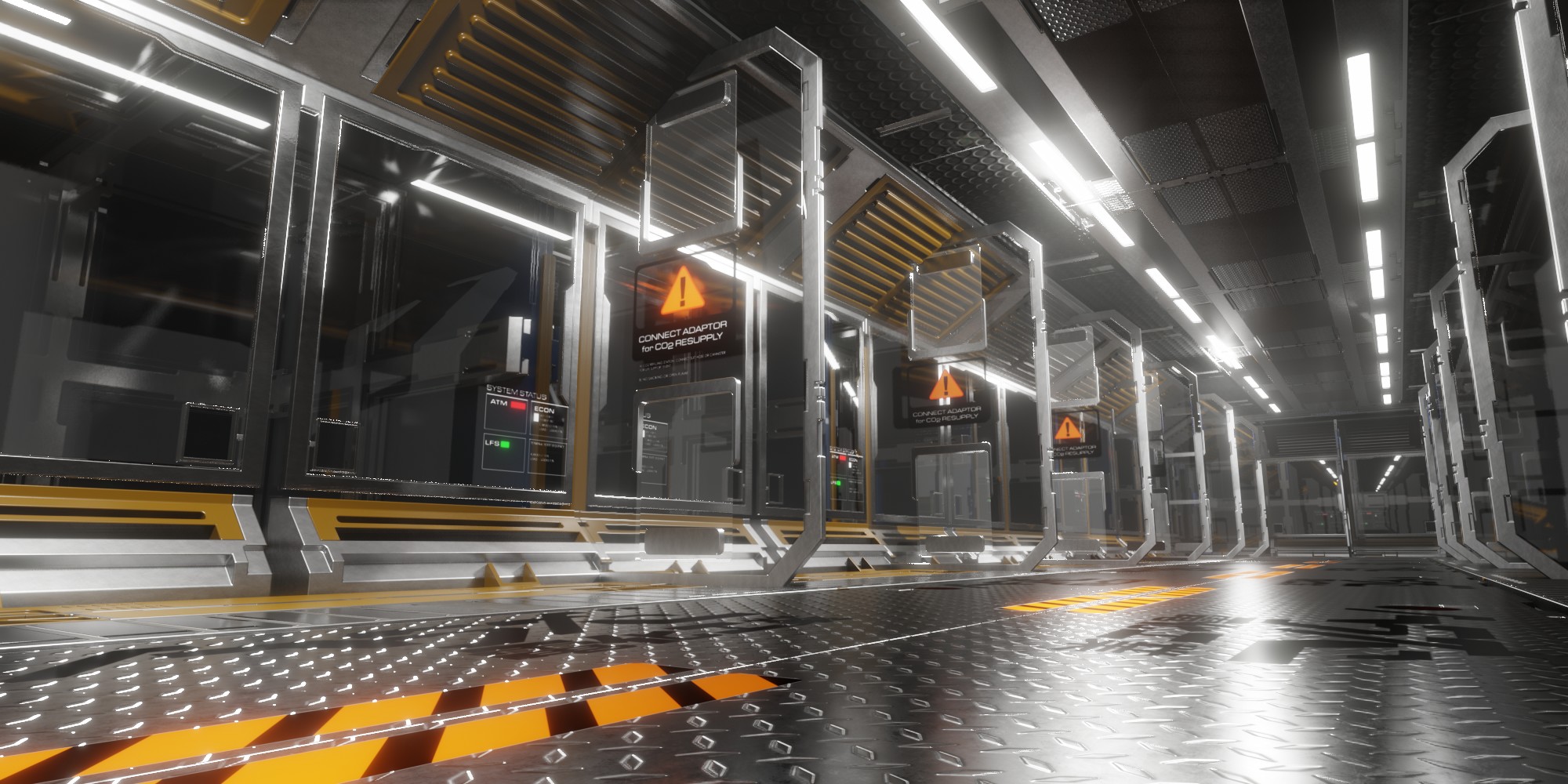 Sci-Fi corridor scene built with the hard-surface material set