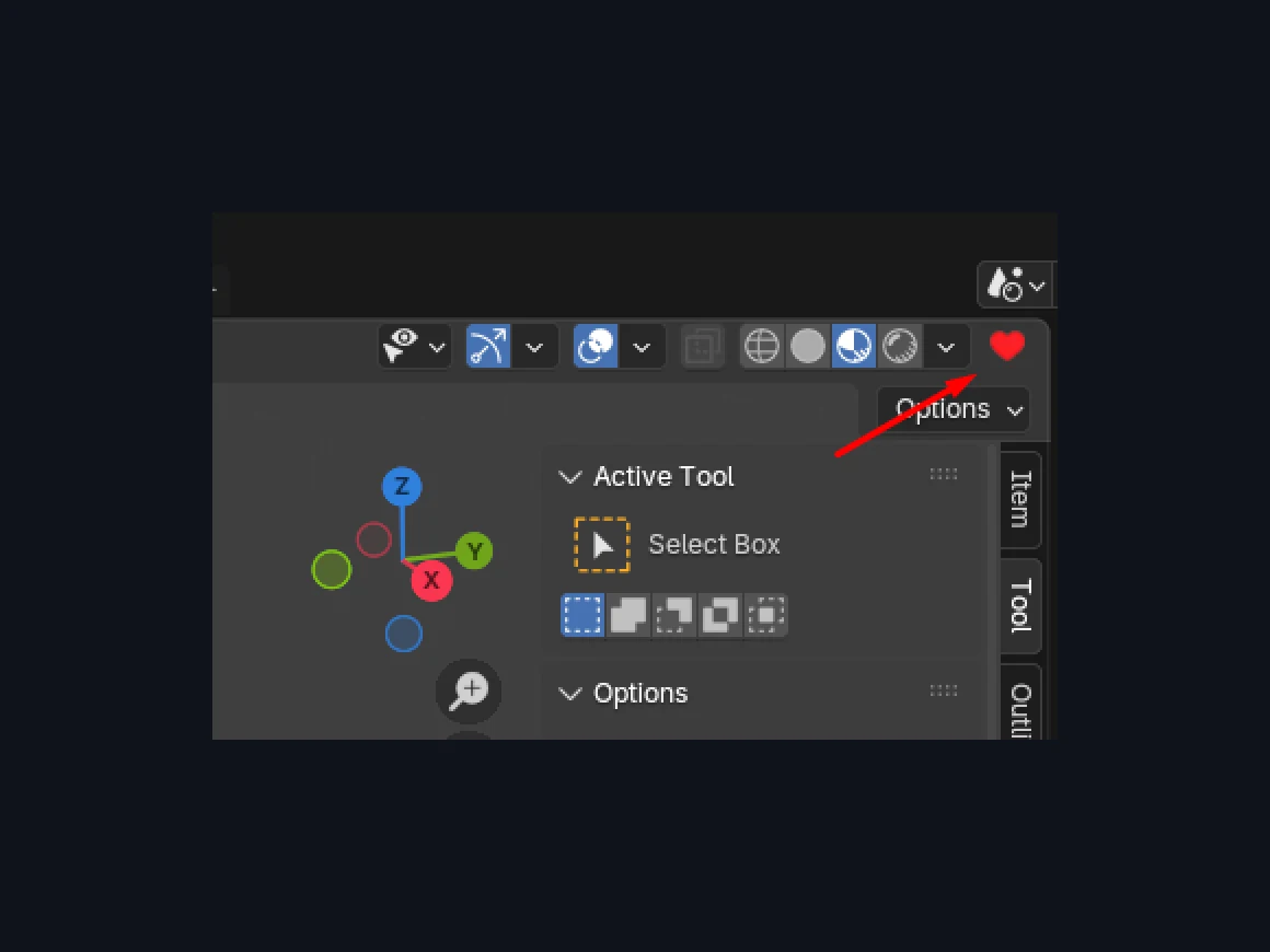 The Simple N Panel heart button in the Blender 3D Viewport header