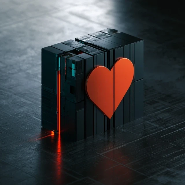 Simple N Panel — greebled noir cube with the signature heart mark