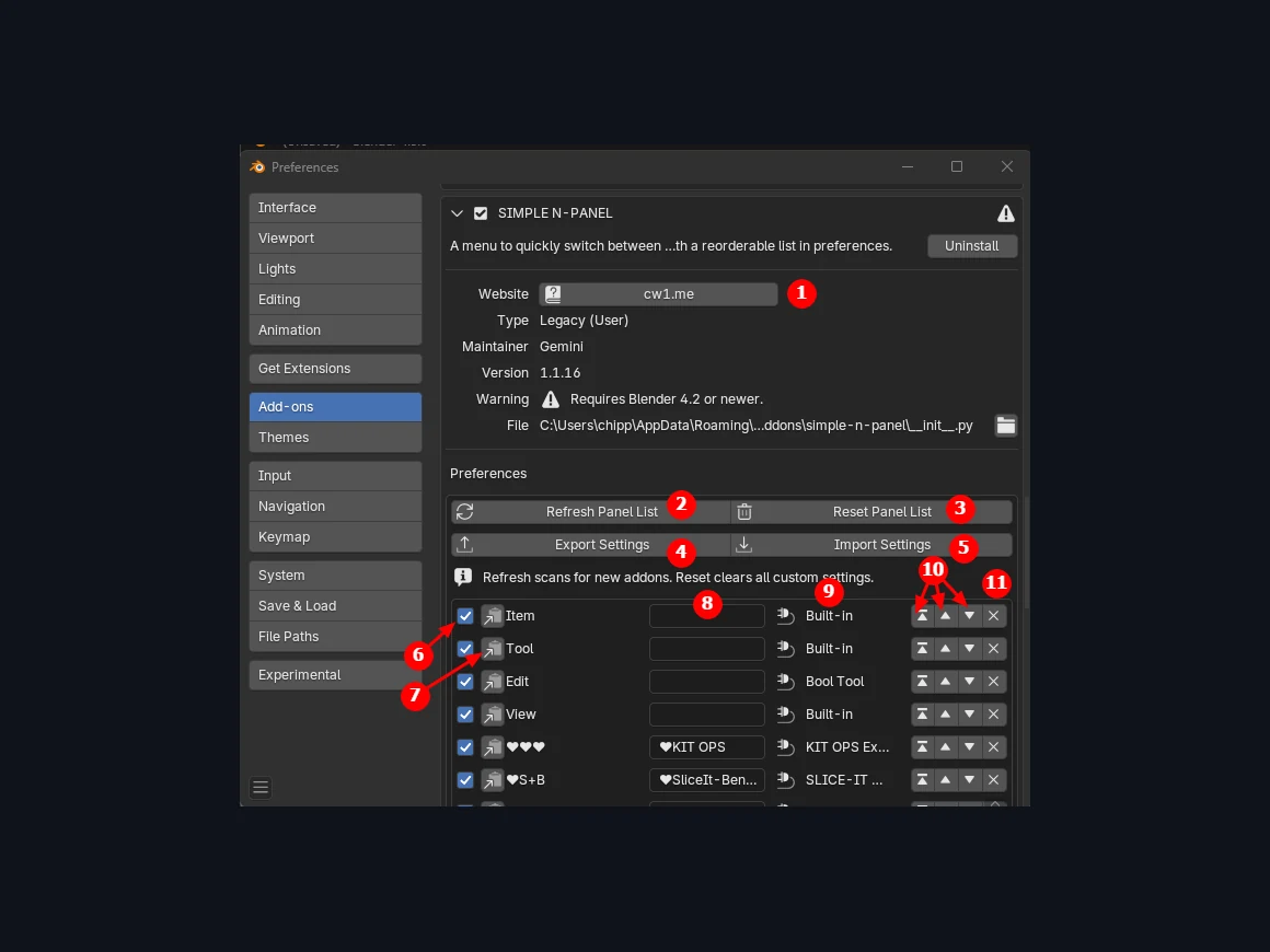 Simple N Panel preferences — reorderable tab list with rename, hide, and export/import controls