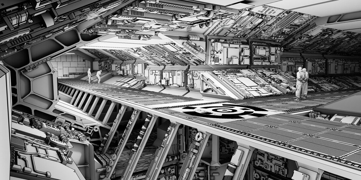 Spaceship hangar interior rendered as black-and-white line art with Simple Sketch Pro