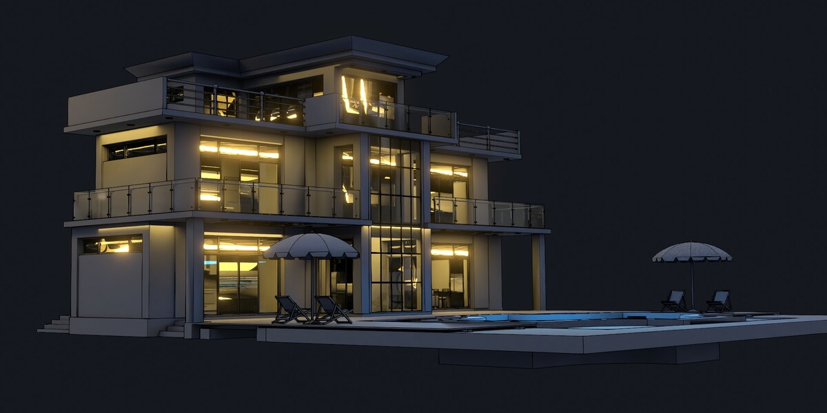 Modern house at night rendered in a saved custom style — dark clay with glowing windows