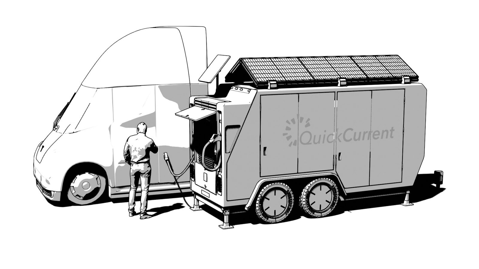 QuickCurrent solar charging truck rendered with the Comic preset — high-contrast ink with a sharp mid-tone