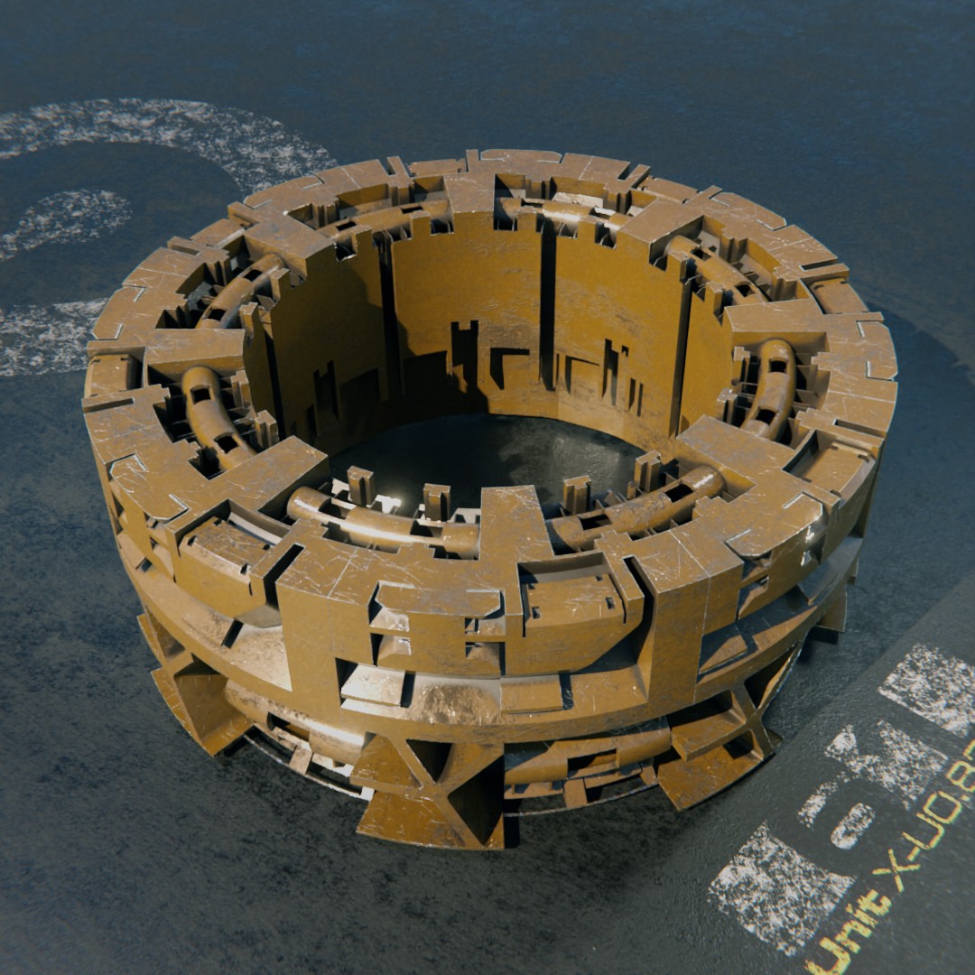 A ring of dense sci-fi detail bent into a closed circle with Slice+Bend